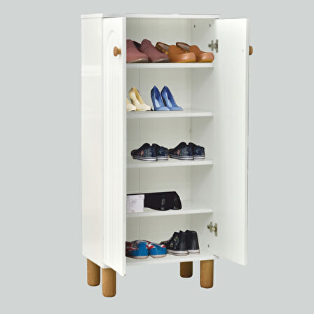 Lidya 2 Kapaklı Raflı Ayakkabılık – Beyaz Renkli Modern Çizgili Model | 60x34x135 Cm