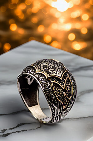 Erkek Kalkan Motifli Etnik Desen İşlemeli Siyah Zirkon Taşlı 925 Ayar Gümüş Yüzük