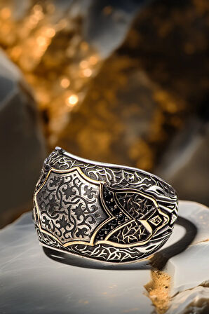 Erkek Kalkan Motifli Etnik Desen İşlemeli Siyah Zirkon Taşlı 925 Ayar Gümüş Yüzük