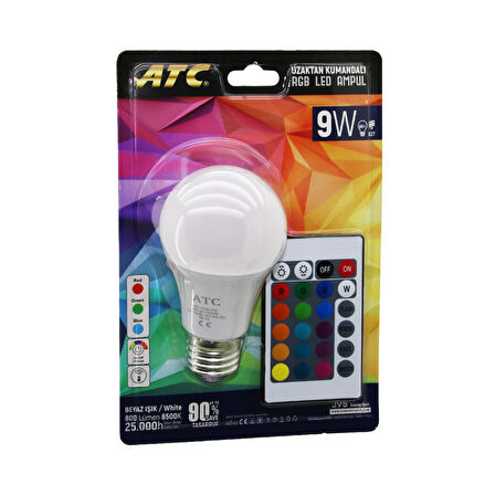 ATC-RGB-9W  KUMANDALI   9W=60W  RGB=16-RENKLİ LED AMPUL E27 800 LÜMEN 6500K 25.000 SAAT ÖMÜR (5256)