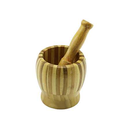 AHŞAP BAMBU - ÇİZGİLİ HAVAN SARIMSAK DÖVECEK Ç: 9.5CM--D: 6.6CM--Y:10.5CM FİLELİ AMBALAJ (5256)