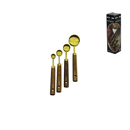 4 PCS GOLD METAL ÖLÇÜ KAŞIK SETİ OTANTİK AĞAÇ KULP 15ML - 5ML - 2.5ML - 1.25ML (5256)