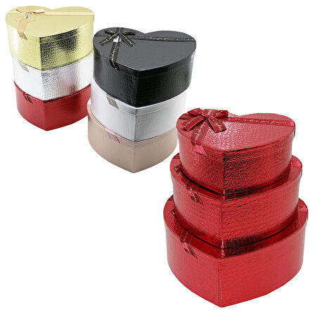3PCS KALP PARLAK MİX RENKLİ - KABARTMA DESEN KARTON HEDİYE KUTUSU KURDELALI 31X28-27X24-23X20CM (5256)