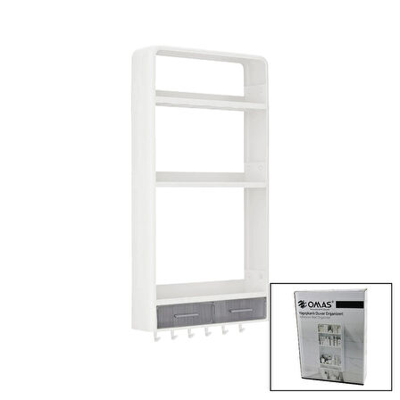 BEYAZ YAPIŞKANLI DUVAR ORGANİZERİ PLASTİK 3 RAF=14CM-19CM-30CM - 2 ÇEKMECE=40CM - 6 ASKI 19 PARÇA (5256)