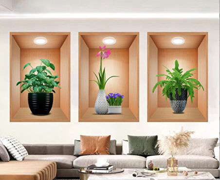 3D Çiçek Vazo Duvar Sticker 3 lü Set Kahverengi Fon (5256)