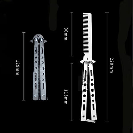 Gri Katlanabilir Paslanmaz Çelik Kelebek Bıçak Tarak Sakal Bıyık Fırçası Profesyonel Saç Kesimi İçin Tarak (5256)