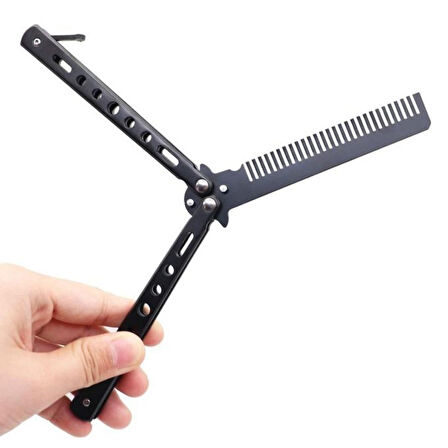 Siyah Katlanabilir Paslanmaz Çelik Kelebek Bıçak Tarak Sakal Bıyık Fırçası Profesyonel Saç Kesimi İçin Tarak (5256)