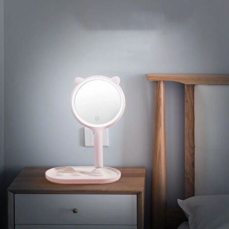 Kedi Kulaklı Telefon Standlı Yuvarlak Dokunmatik Led Ayarlı Masa Üstü Makyaj Aynası (5256)