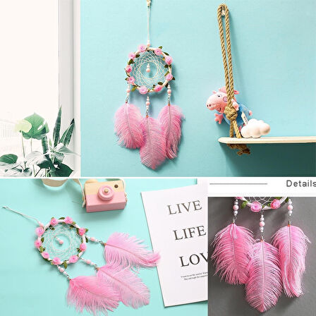 El Yapımı Kuş Tüyü ve Led Işıklı Dekoratif Asma Düş Rüya Kapanı (5256)