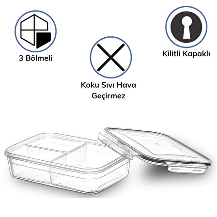 3 Bölmeli Kilitli Kapaklı 1 Litre Erzak Saklama Kabı LC-510 (5256)