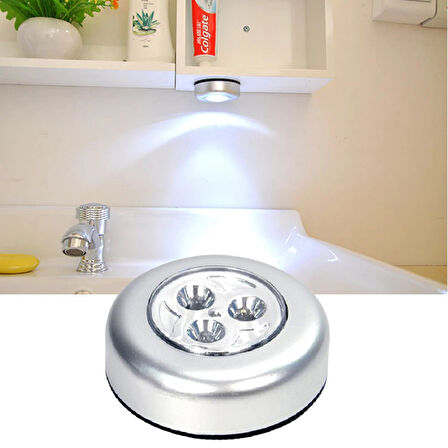 Kablosuz Spot Pilli Dokunmatik Led Lamba 3 Ledli Dolap Lambası (5256)