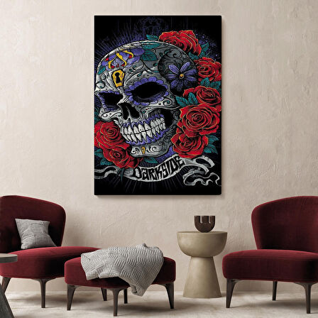 Renkli Çiçeklerle Kafatası Posteri, Şeker Kafatası Sanatsal Kanvas Tablo-5256