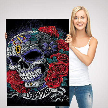 Renkli Çiçeklerle Kafatası Posteri, Şeker Kafatası Sanatsal Kanvas Tablo-5256