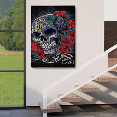 Renkli Çiçeklerle Kafatası Posteri, Şeker Kafatası Sanatsal Kanvas Tablo-5256