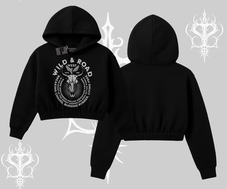 Kapşonlu Crop Sweatshirt Wild & Road Western Skull Biker Street Culture