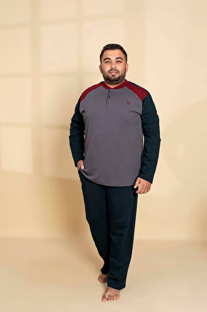 Erkek Büyük Battal Beden Desenli 3 Düğmeli %100 Pamuk Mevsimlik Uzun Kollu Cepli Pijama Takımı