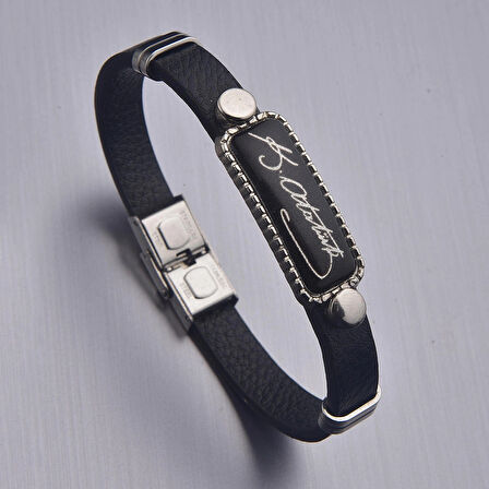 Kemal Atatürk İmzalı Erkek Deri Siyah Bileklik Takı Aksesuar