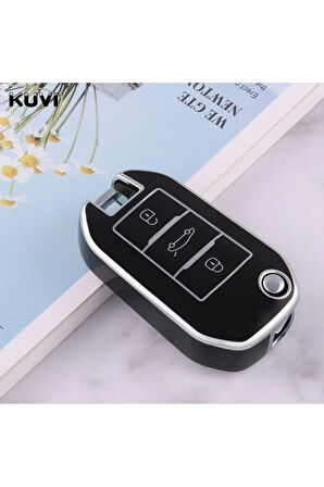 Peugeot 308 Sustalı Parlak Anahtar Kılıfı Siyah Gümüş Renk