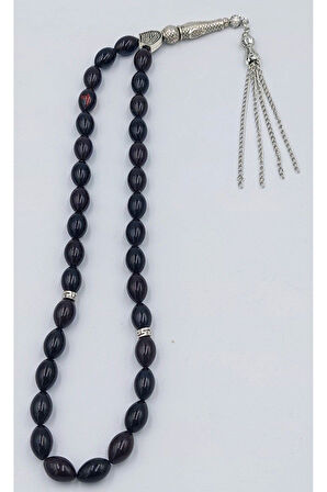 Mavi&siyah Alpaka Püsküllü Arpa Kesim Ateş Kehribar Tespih (AHŞAP KUTULU)