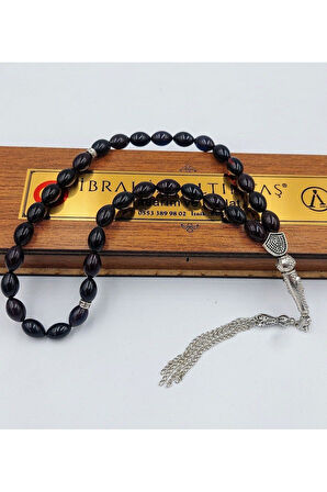 Mavi&siyah Alpaka Püsküllü Arpa Kesim Ateş Kehribar Tespih (AHŞAP KUTULU)