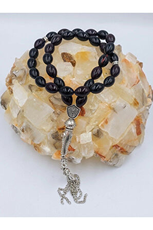 Mavi&siyah Alpaka Püsküllü Arpa Kesim Ateş Kehribar Tespih (AHŞAP KUTULU)