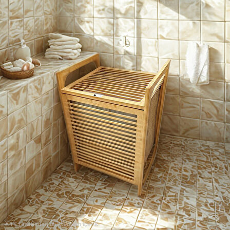AHŞAP BAMBU KİRLİ ÇAMAŞIR SEPET KUMAŞ ÇANTALI SEPET=40X35X60CM (5263)