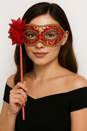 Lüks Taşlı Saplı Maskeli Balo Maskesi Kırmızı Renk 35 cm (5263)