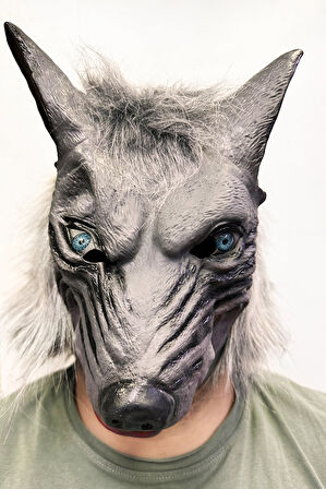 Kafaya Tam Geçmeli Lateks Mavi Gözlü Dişli Ağzı Açık Kurt Maskesi (5263)