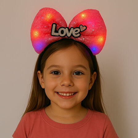 LED Işıklı Love Yazılı Fuşya Fiyonk Taç – Kız Çocuk Parti Tacı (5263)