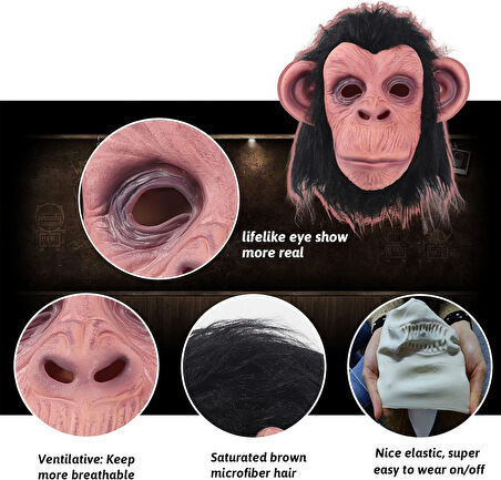 Siyah Saçlı Kafaya Tam Geçmeli Lateks Şempanze Maskesi - Lateks Maymun Orangutan Goril Maske Et Maske (5263)