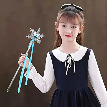 Kar Taneli Mavi Kalp Taşlı Saten Kurdeleli Karlar Ülkesi Elsa Asası Sopası 34 cm (5263)