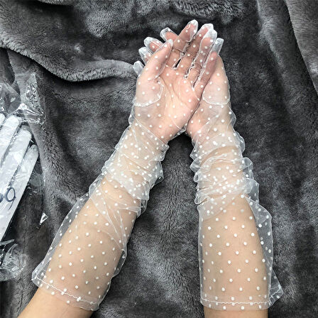 Uzun Boy Beyaz Puantiyeli Beyaz Renk Yetişkin Tül Eldiven 55 cm (5263)