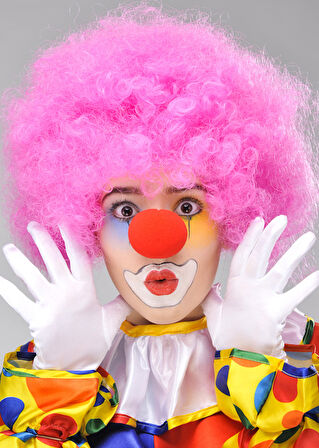 Pembe Renk Kıvırcık Afro Bonus Peruk Takma Saç ve Kırmızı Burun Seti (5263)