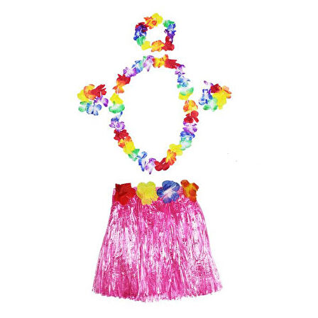 Luau Aloha Hawaii  Kolye Etek Taç ve Bileklik Seti Pembe (5263)