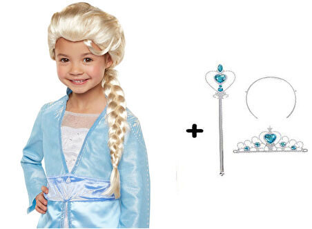 Örgülü Karlar Ülkesi Frozen Elsa Peruğu Tacı ve Sopası Çocuk Boy (5263)