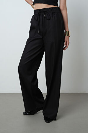 Kadın Bol Paça Beli Lastikli Düz Renk Pantolon