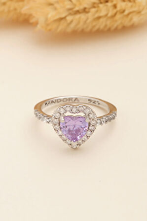 Kadın Gümüş Yüzük - Kalp Model Ametist Taşlı Zirkon Süslemeli Rodyumlu Kadın Yüzük