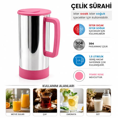 PEMBE - PASLANMAZ ÇELİK SICAK - SOĞUK ÇELİK SÜRAHİ (5264)