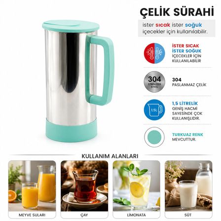 TURKUAZ - PASLANMAZ ÇELİK SICAK - SOĞUK ÇELİK SÜRAHİ (5264)
