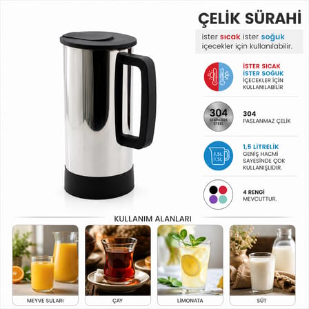 GRİ - PASLANMAZ ÇELİK SICAK - SOĞUK ÇELİK SÜRAHİ (5264)