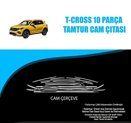 Volkswagen T-CROSS Uyumlu 10 PARÇA Krom Tam Tur Cam Çıtası