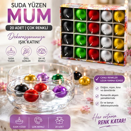 20PCS SUDA YÜZEN MUM BEYAZ - RENKLİ (5264)