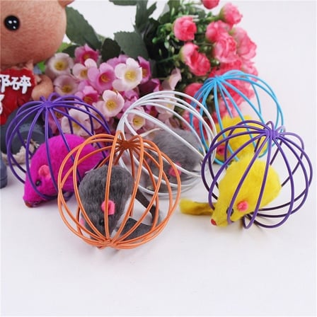 renkli metal kafesli peluş fareli kedi köpek oyuncağı oyun topu 6 cm (5264)