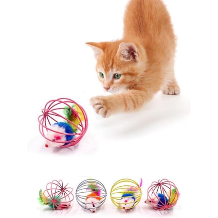 renkli metal kafesli peluş fareli kedi köpek oyuncağı oyun topu 6 cm (5264)