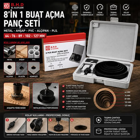 8İN1 BUAT AÇMA PANÇ SETİ METAL - AHŞAP - PVC - ALÇIPAN - PLS. 64-73-89-102-127MM KTX-3243 (5264)