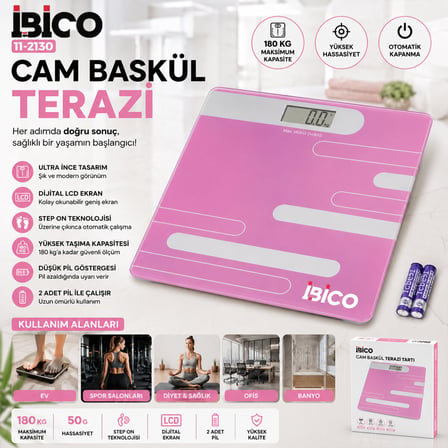 DİJİTAL - PİLLİ RENKLİ CAM BANYO BASKÜL TERAZİ TARTI LCD EKRAN 180KG/50GR 26X26CM İ11-024 (5264)