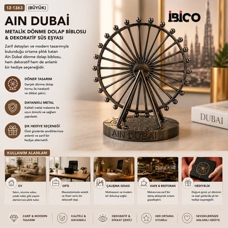 BÜYÜK AIN DUBAİ METALİK DÖNME DOLAP BİBLOSU - DEKORATİF SÜS EŞYASI KROM - BAKIR (5264)