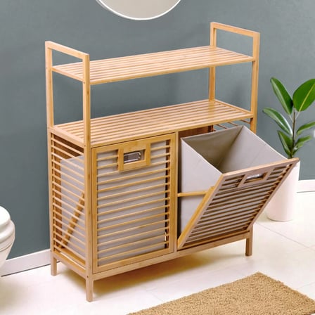 KİRLİ 2 KAT ORGANİZER RAFLI - 2 BÖLMELİ ÖNDEN ÇEK AÇ KALIN AHŞAP BAMBU KİRLİ ÇAMAŞIR SEPETİ 80X33X87CM (5264)
