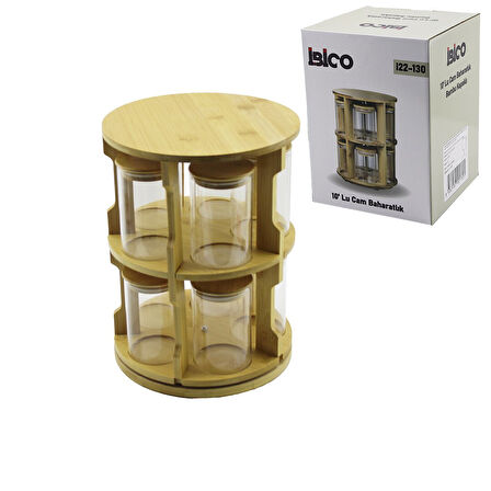 10 PCS YUVARLAK - DÖNER STANDLI CAM - BAMBU KAPAK TUZLUK - BAHARATLIK BAMBU STAND (5264)