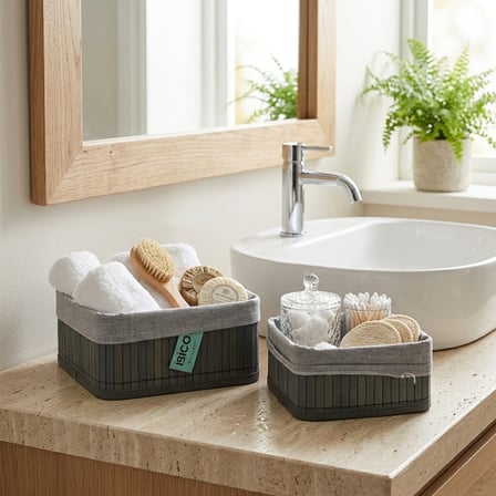 GRİ 2 BOY KARE BAMBU KENAR ORGANİZER SEPET AHŞAP ALTLIK - BEZLİ 18X21CM (5264)